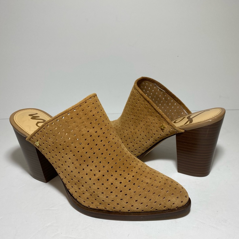 SAM EDELMAN Bates Caramel Suede Leather Heeled Mules Women's Size 9.5